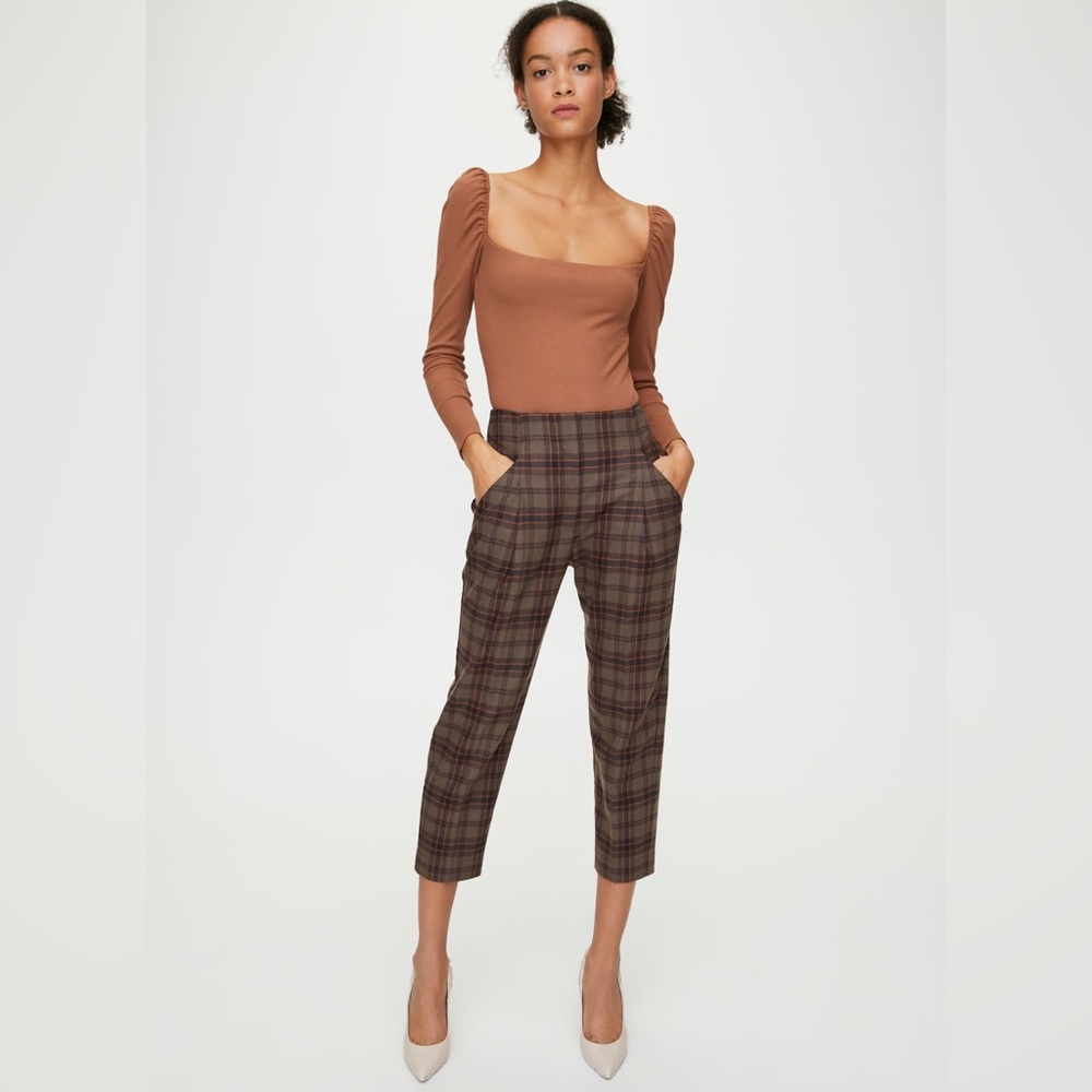 Wilfred chambery beige brown cropped wool plaid dress pant size 6